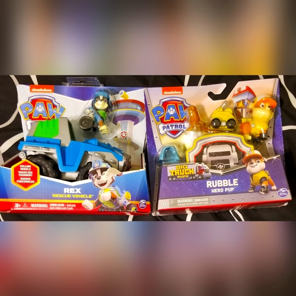 Two Brand New Paw Patrol Characters with Cars - Rex and Rubble